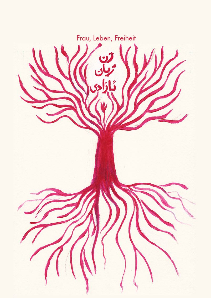 Comic und Gedicht zur Frauenrevolution im Iran. Der Slogan ist: Frau, Leben, Freiheit! Iranische Revolution 2022, die nach dem Tod von Mahsa Jina Amin begann.
