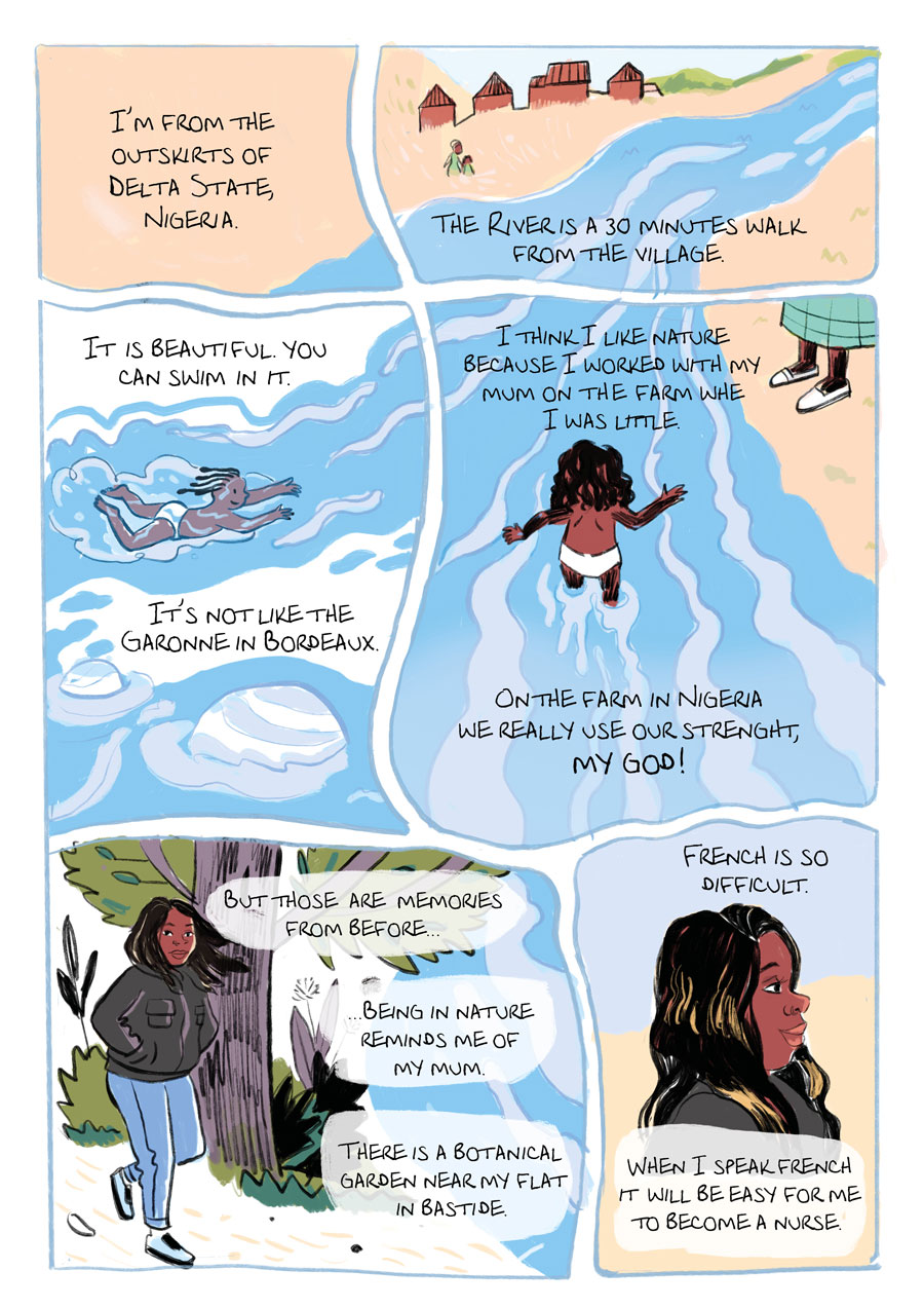a young woman moves from delta state, nigeria to Bordeaux in France. When she was little she used to work on a farm with her mother. Near her village there was a beautiful river where she used to swim in a s a kid. 