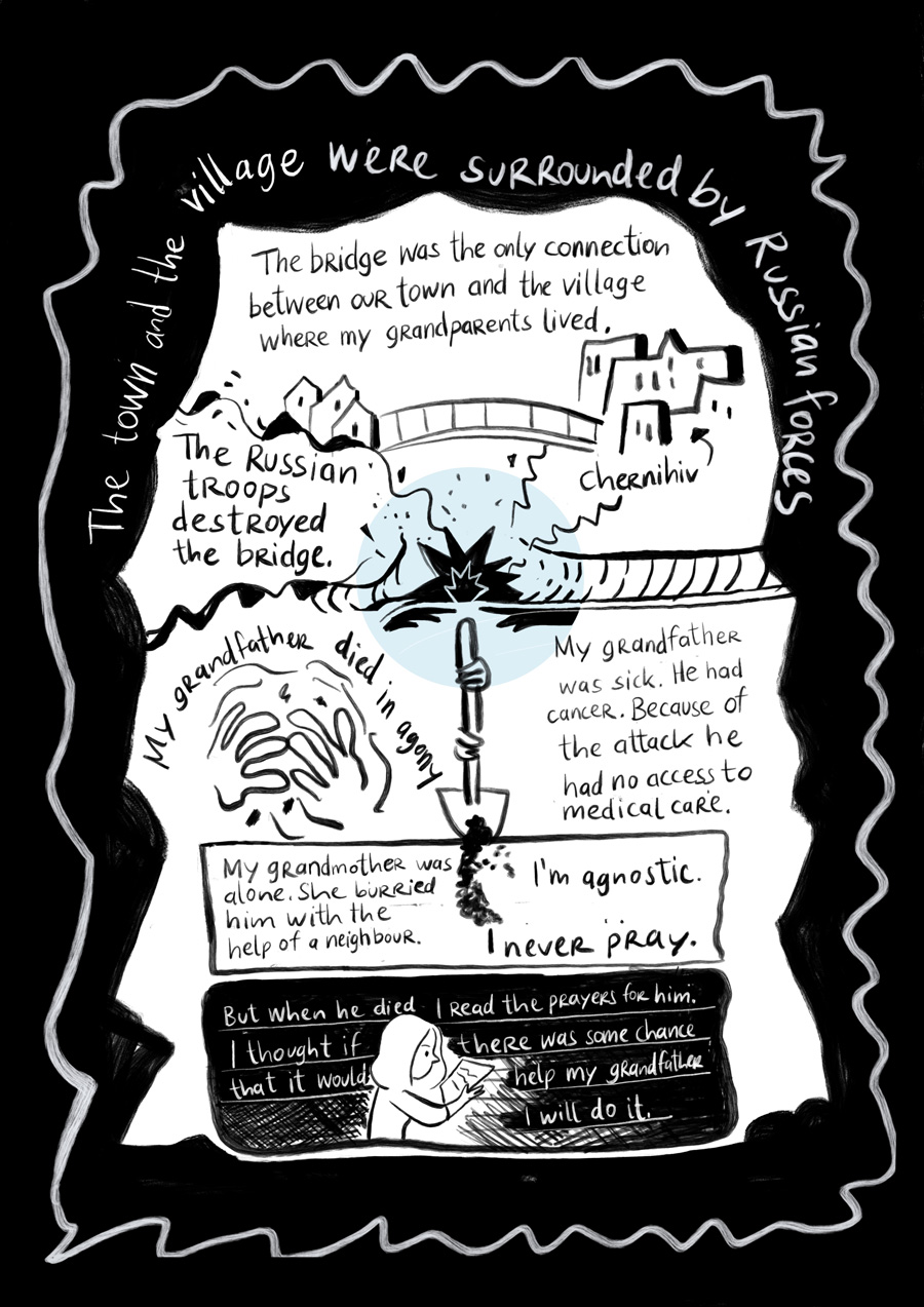 th russian troops threaten the villages in Ukraine and Nadiyas grandfather does not have access to medical care because of the war. He dies. Nadiya speaks the prayers for him even though she is agnostic. But she wants to help him while having to hide underground.